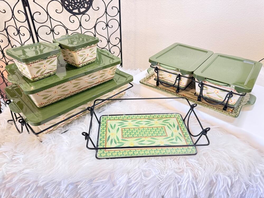 Temptations 10pc Ceramic Rectangular Baking Dish w/ Lid 2.5 qt Green/White 500°F